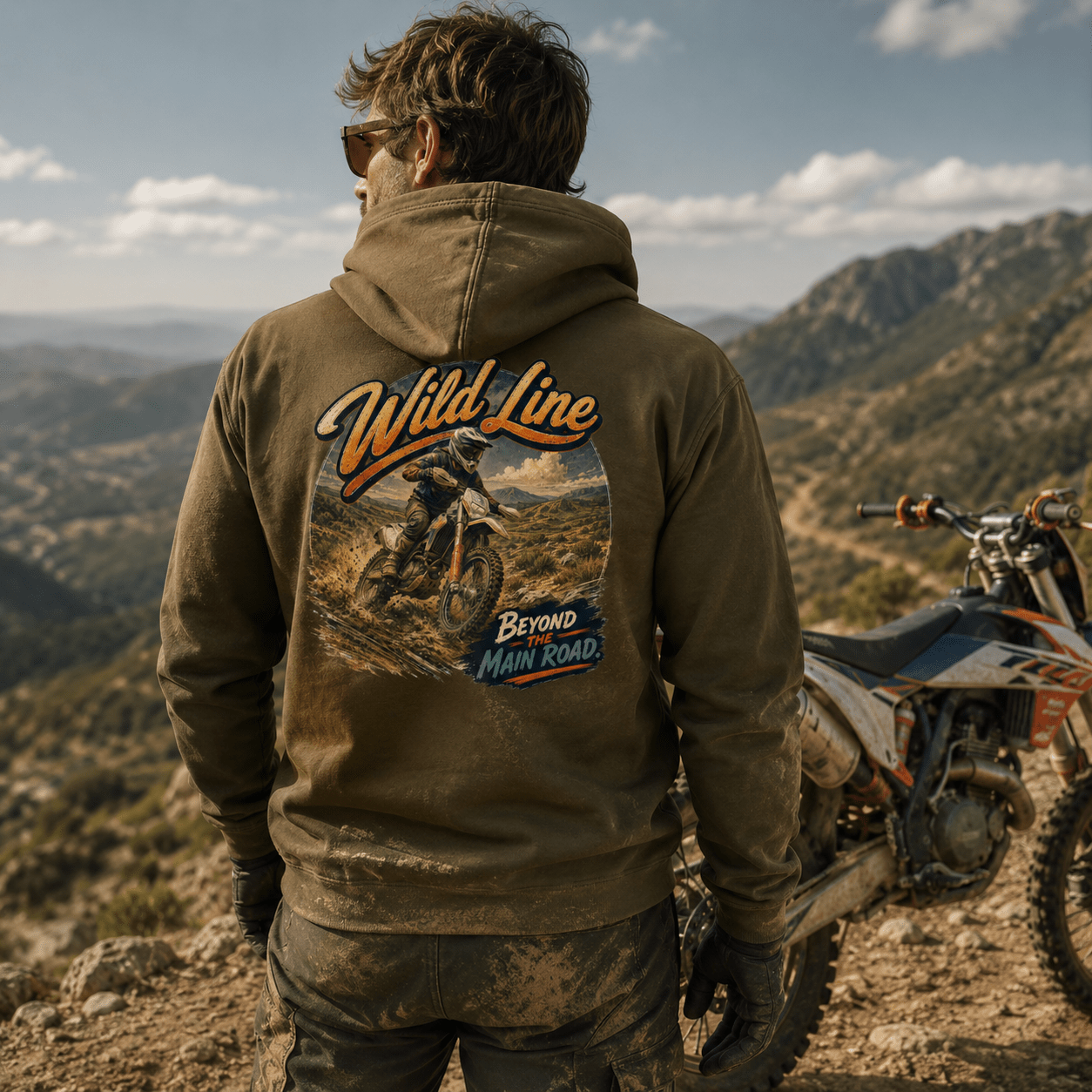 Model wearing the Camberline Riders Wild Line Adventure Bike Hoodie – Combat Green, showing the Riders back graphic in a motorcycle-inspired setting