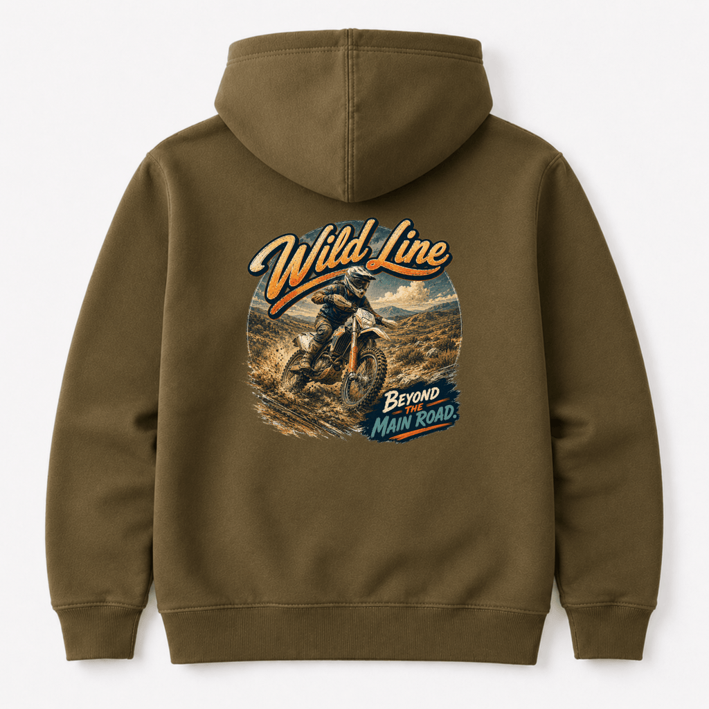 Camberline Riders Wild Line Adventure Bike Hoodie – Combat Green — back view showing the Camberline Riders Wild Line Adventure Bike graphic print