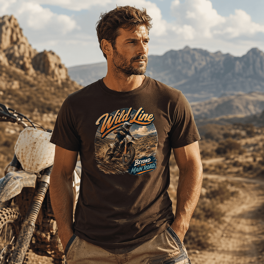 Model wearing the Camberline Riders Wild Line Enduro Dirt Bike T-Shirt – Hot Chocolate, showing the Riders front graphic in a motorcycle-inspired setting