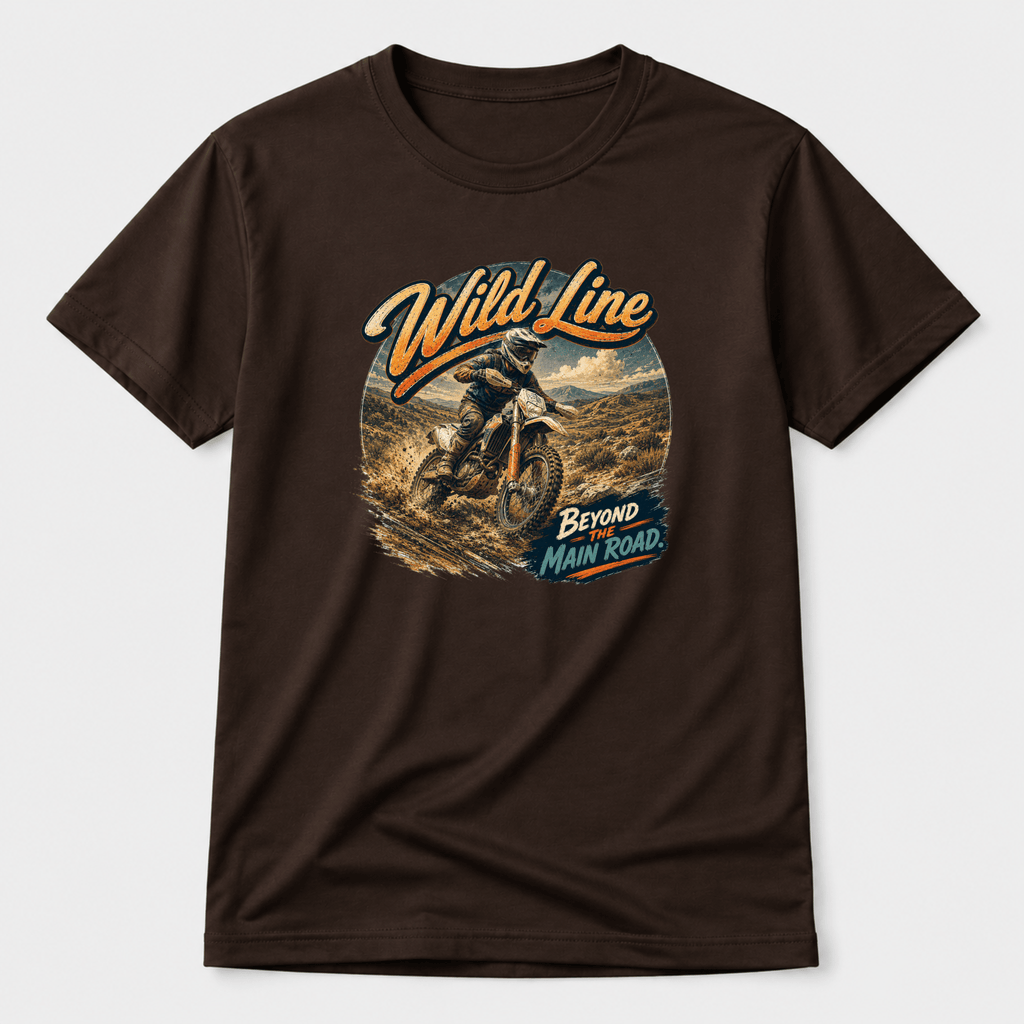 Camberline Riders Wild Line Enduro Dirt Bike T-Shirt – Hot Chocolate — front view showing the Camberline Riders Wild Line Enduro Dirt Bike graphic print