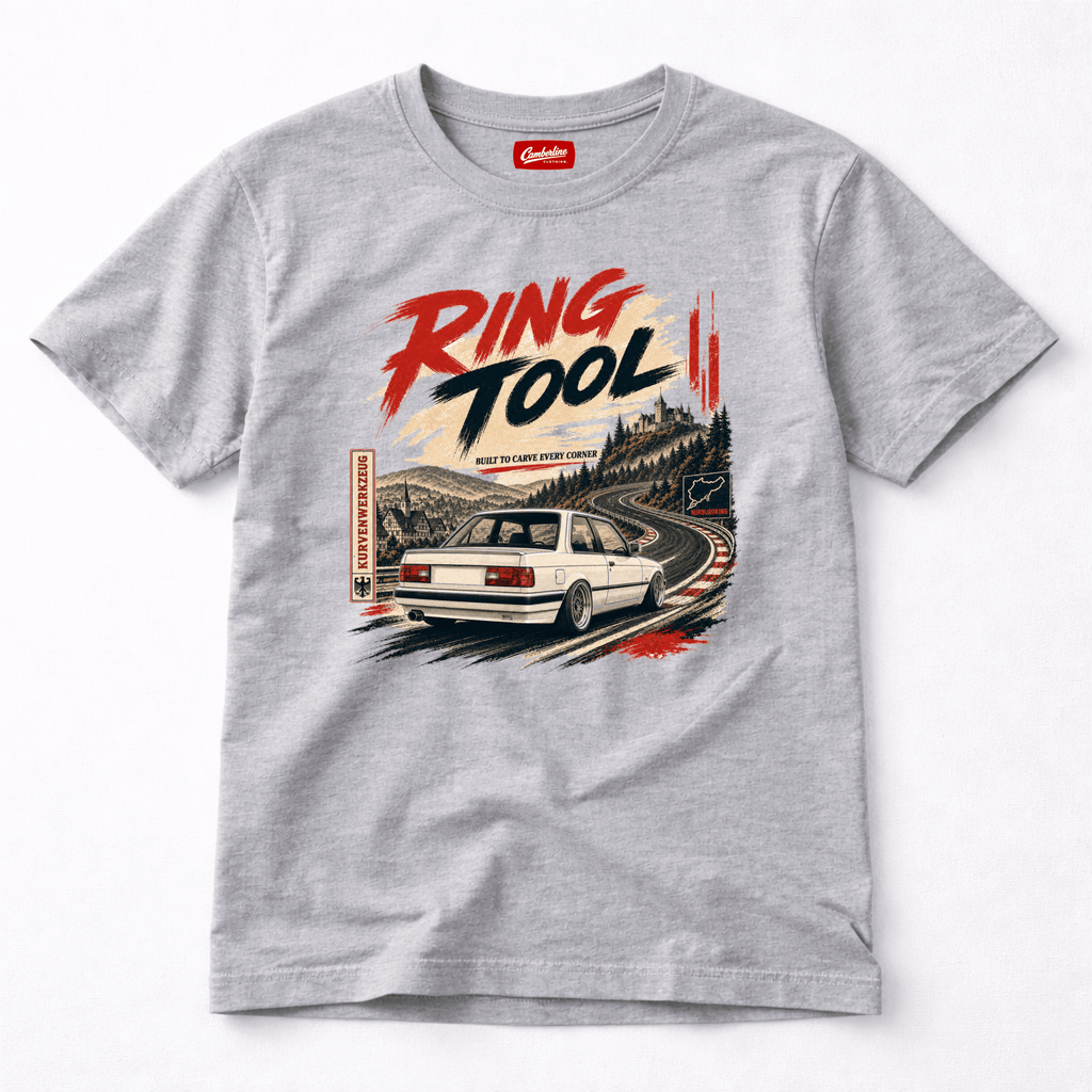 Camberline Cars Ring Tool Nürburgring Built To Carve Every Corner T-Shirt in Sport Grey showing front graphic