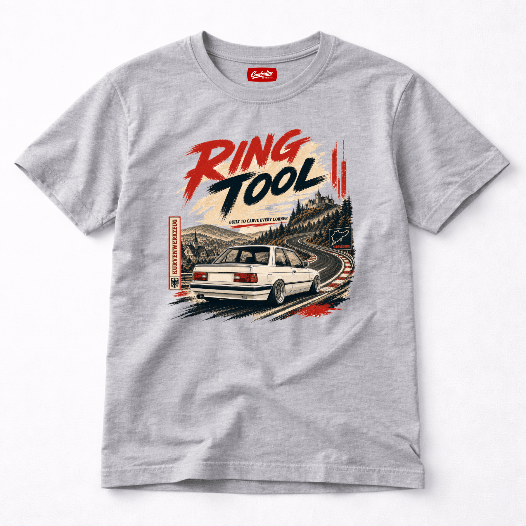Camberline Cars Ring Tool Nürburgring Built To Carve Every Corner T-Shirt in Sport Grey showing front graphic