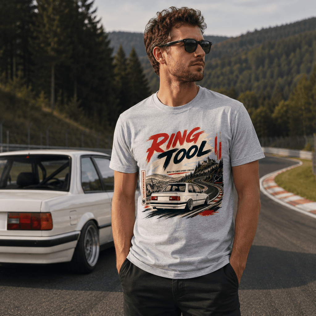Model wearing Camberline Cars Ring Tool Nürburgring Built To Carve Every Corner T-Shirt in Sport Grey