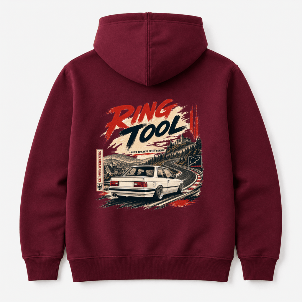 Camberline Cars Ring Tool Nürburgring Built To Carve Every Corner White Hoodie in Burgundy showing back graphic