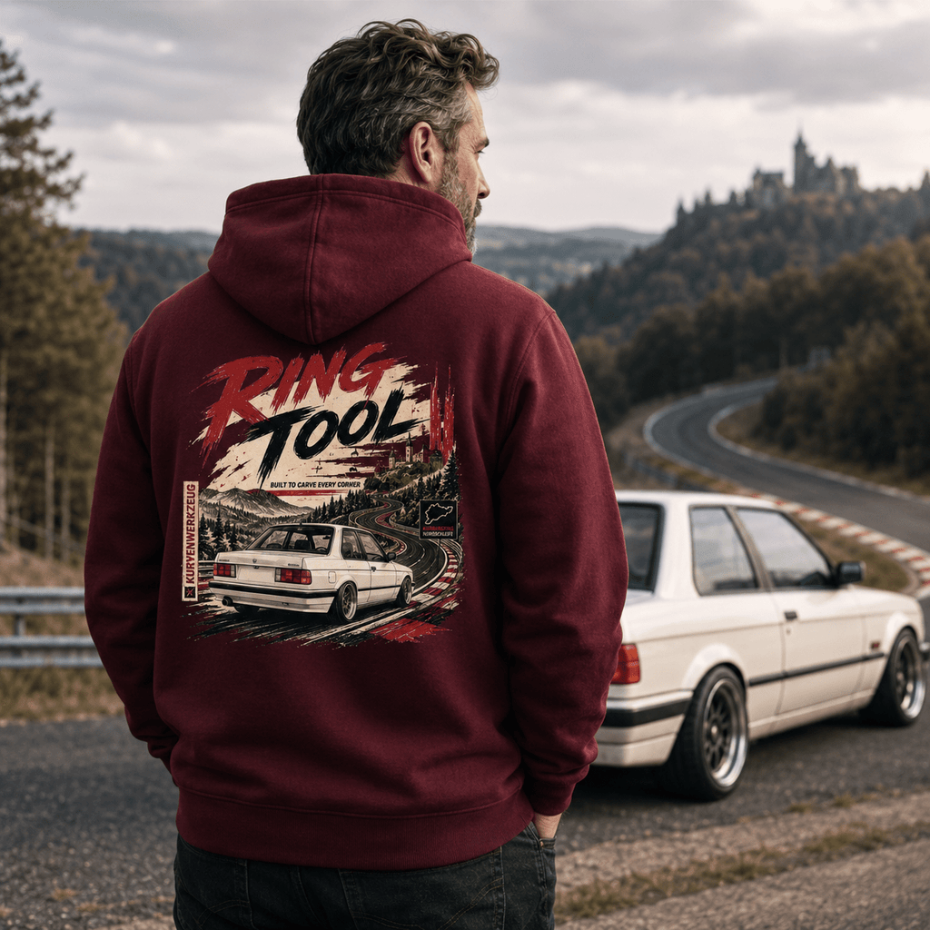 Model wearing Camberline Cars Ring Tool Nürburgring Built To Carve Every Corner White Hoodie in Burgundy