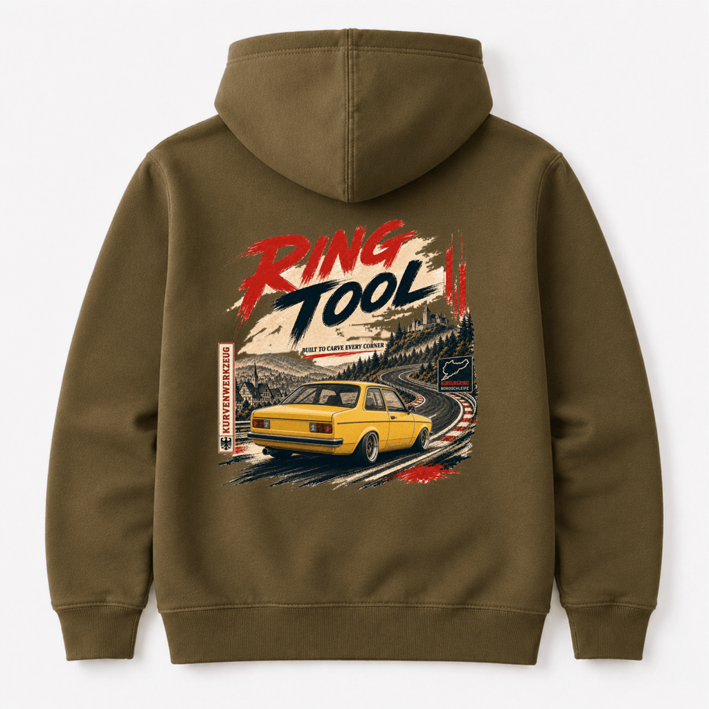 Camberline Cars Ring Tool Nürburgring Built To Carve Every Corner Yellow Hoodie in Combat Green showing back graphic