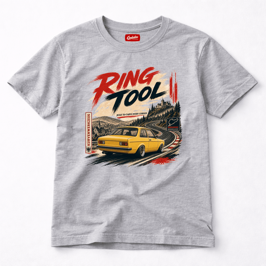 Camberline Cars Ring Tool Nürburgring Built To Carve Every Corner Yellow T-Shirt in Sport Grey showing front graphic