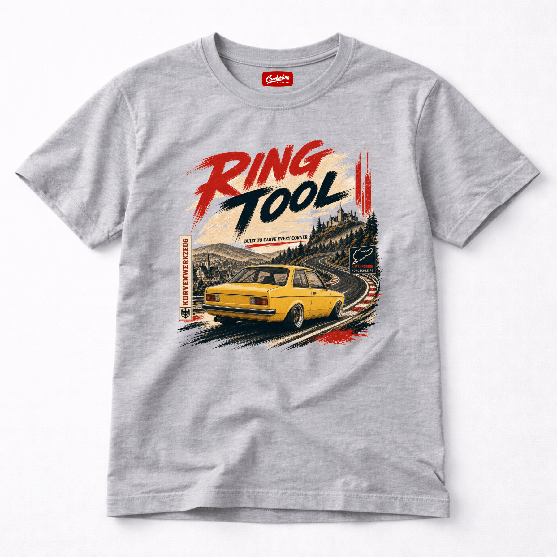 Camberline Cars Ring Tool Nürburgring Built To Carve Every Corner Yellow T-Shirt in Sport Grey showing front graphic
