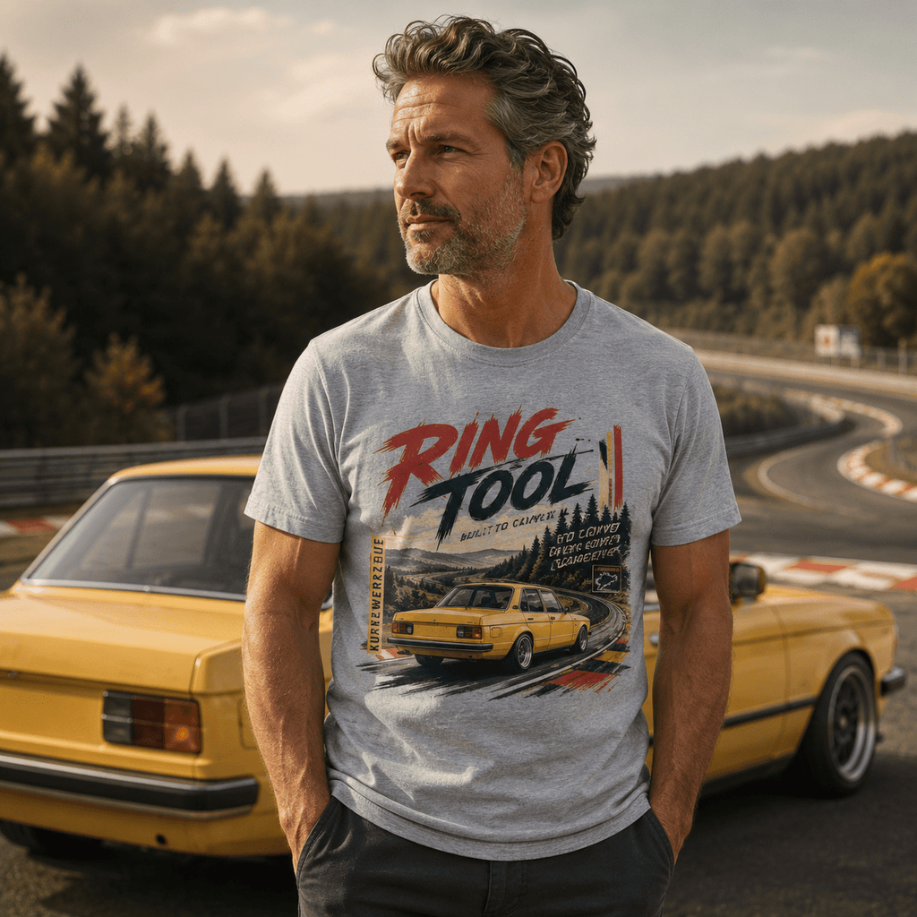 Model wearing Camberline Cars Ring Tool Nürburgring Built To Carve Every Corner Yellow T-Shirt in Sport Grey
