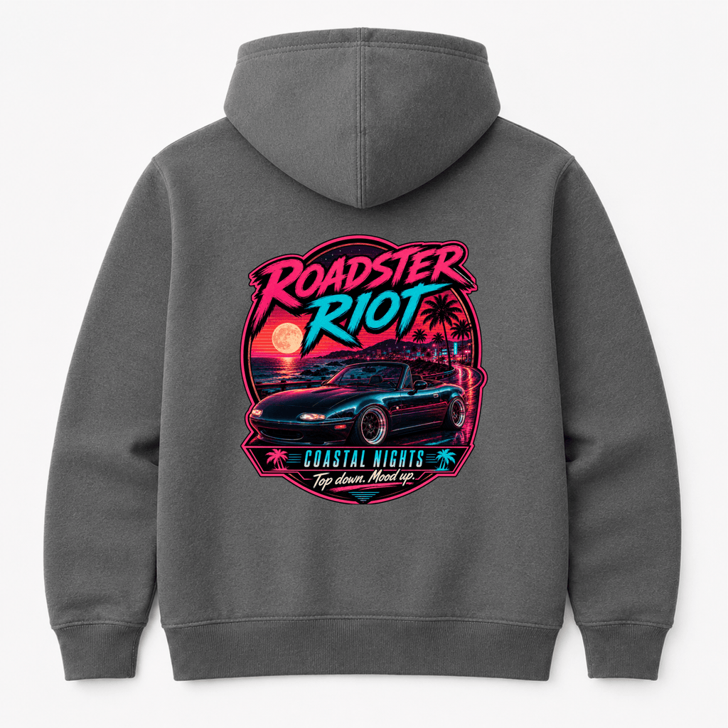 Camberline Cars Roadster Riot Coastal Nights Top Down Mood Up Convertible Hoodie in Shark Grey showing back graphic