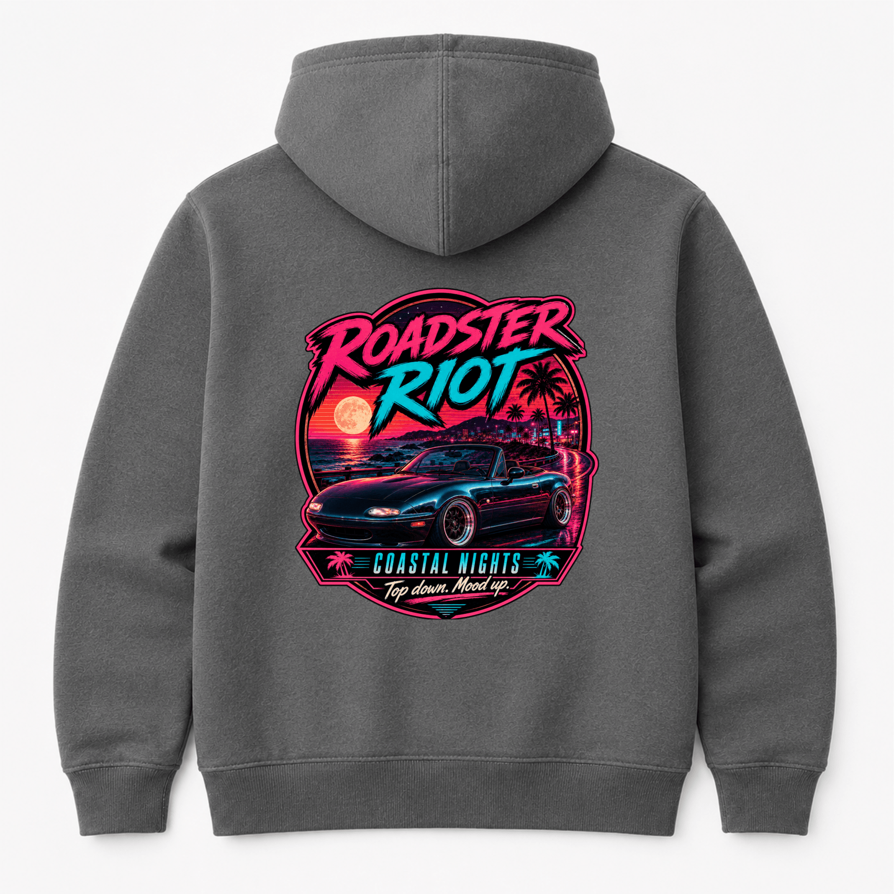Camberline Cars Roadster Riot Coastal Nights Top Down Mood Up Convertible Hoodie in Shark Grey showing back graphic