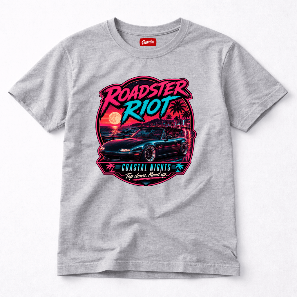 Camberline Cars Roadster Riot Coastal Nights Top Down Mood Up Convertible T-Shirt in Sport Grey showing front graphic