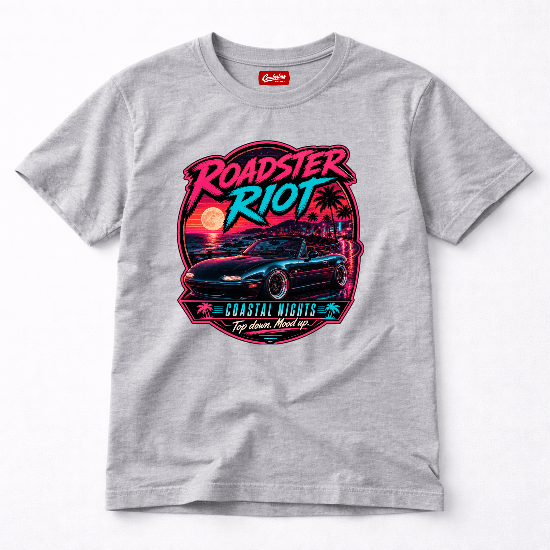 Camberline Cars Roadster Riot Coastal Nights Top Down Mood Up Convertible T-Shirt in Sport Grey showing front graphic