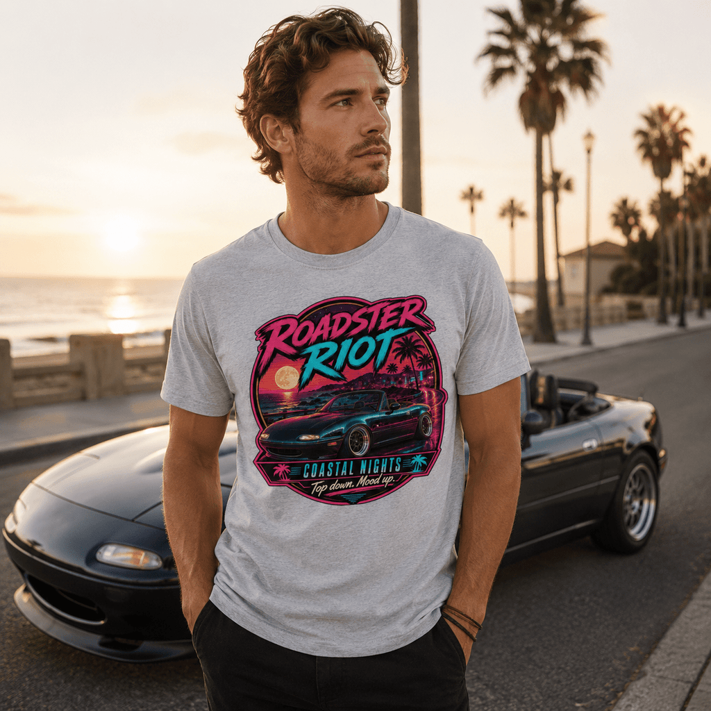 Model wearing Camberline Cars Roadster Riot Coastal Nights Top Down Mood Up Convertible T-Shirt in Sport Grey