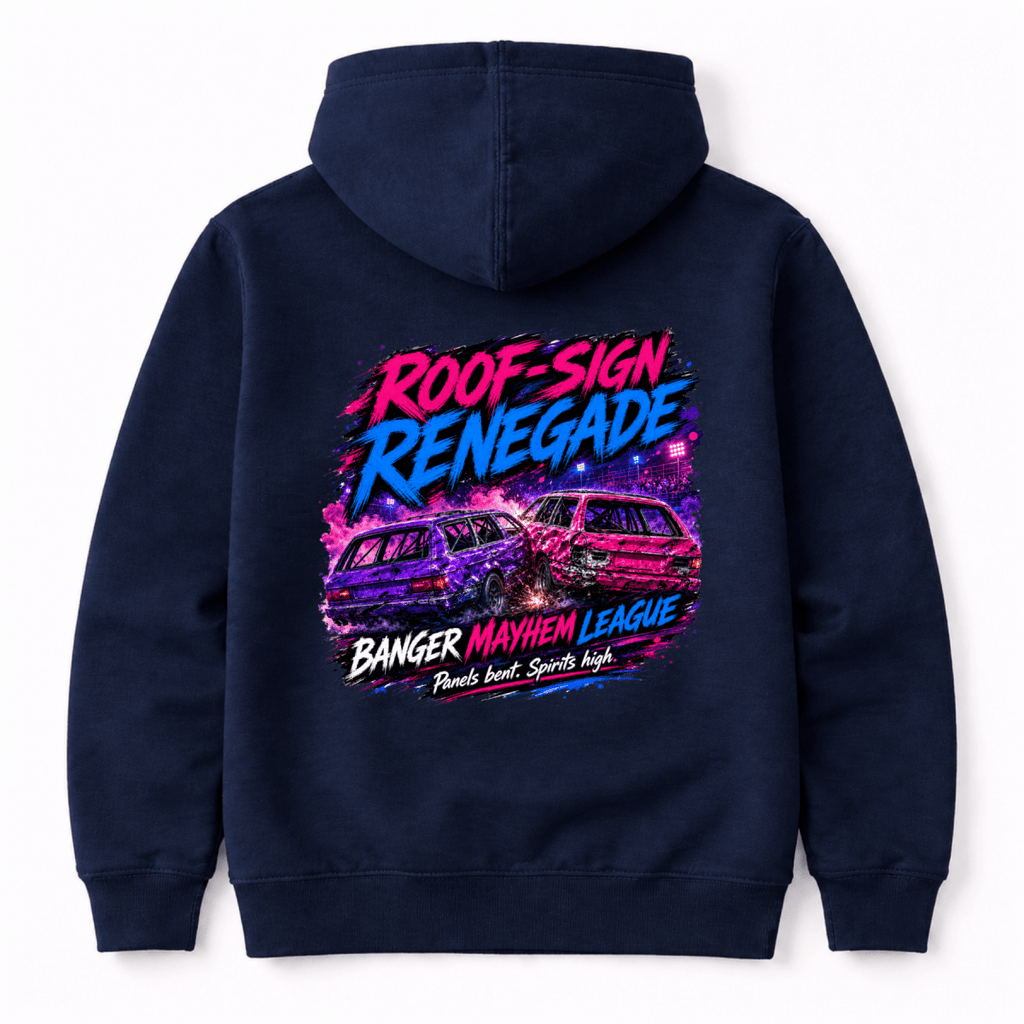 Camberline Roof Sign Renegade Navy Blue hoodie, back graphic for British oval racing fans