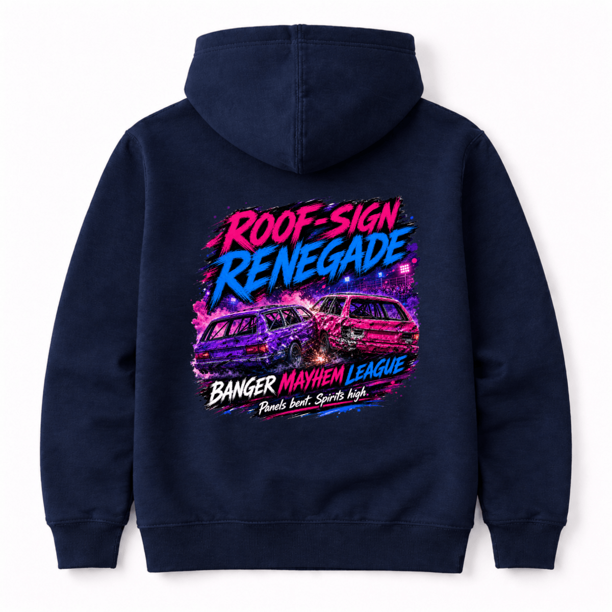 Camberline Roof Sign Renegade Navy Blue hoodie, back graphic for British oval racing fans