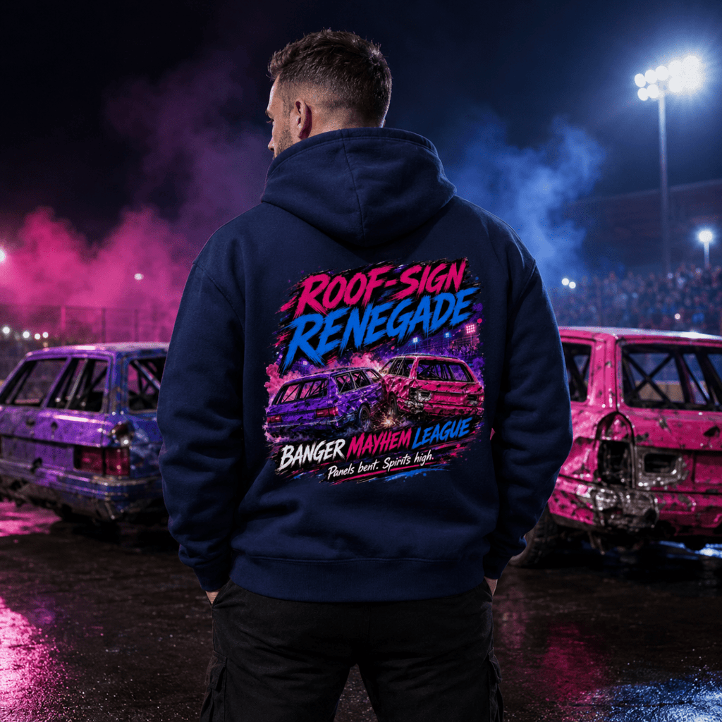 Model wearing Camberline Navy Blue hoodie showing Roof Sign Renegade British oval racing back graphic