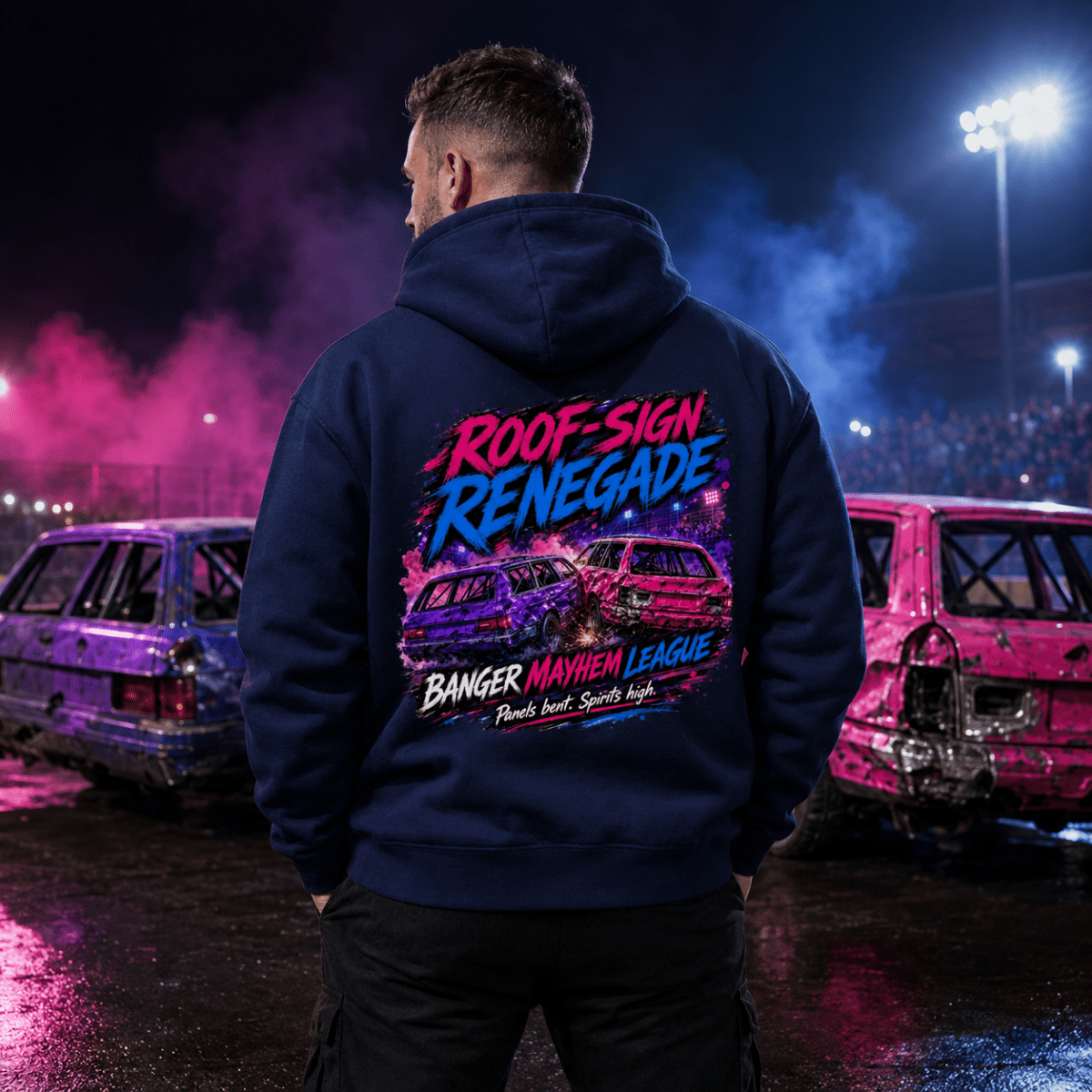 Model wearing Camberline Navy Blue hoodie showing Roof Sign Renegade British oval racing back graphic