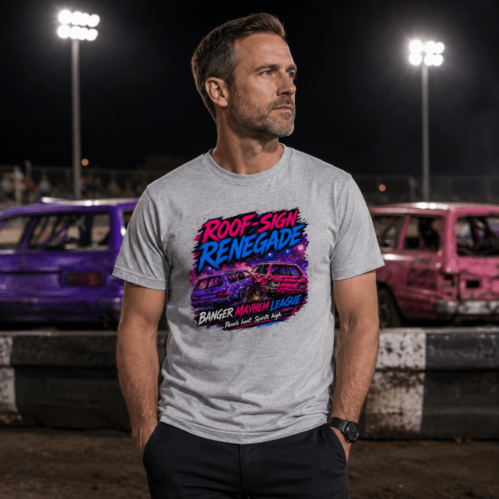 Model wearing Camberline Heather Grey t-shirt showing Roof Sign Renegade Neon Mayhem British oval racing front graphic