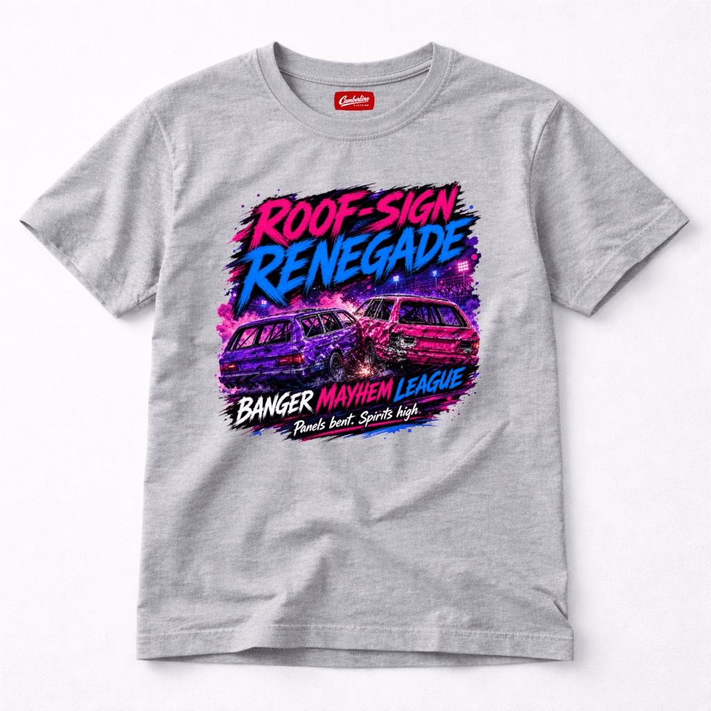 Camberline Roof Sign Renegade Neon Mayhem Heather Grey t-shirt, front graphic for British oval racing fans