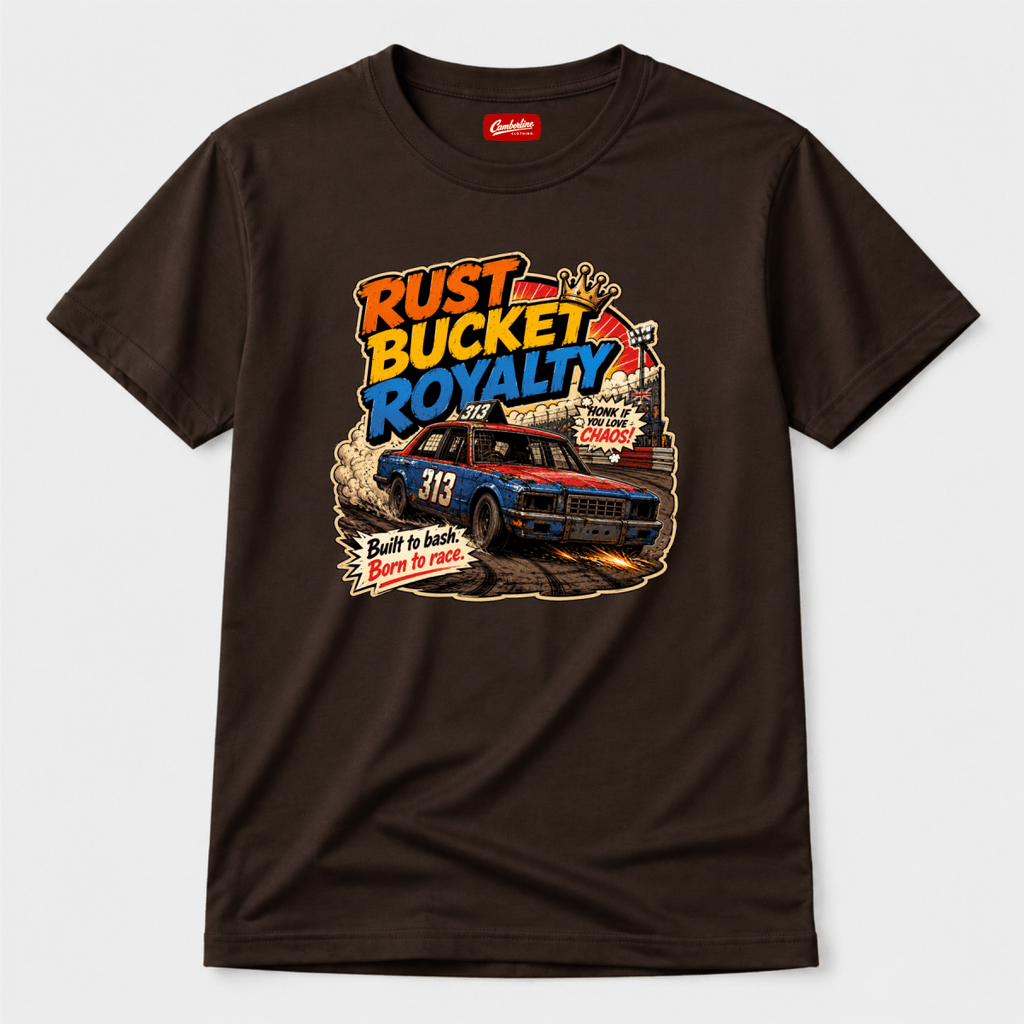 Camberline Rust Bucket Royalty Banger Racing Chocolate Brown t-shirt, front graphic for British oval racing fans