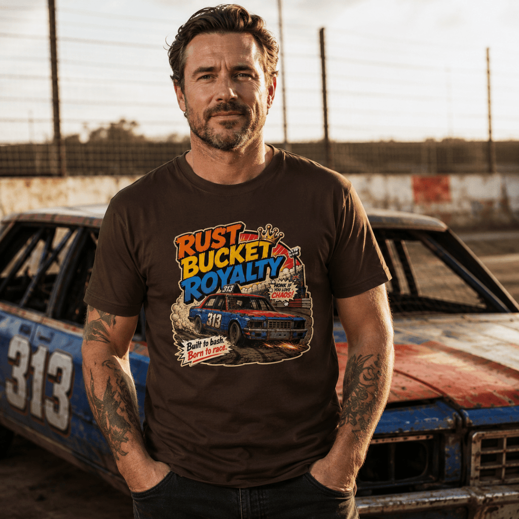 Model wearing Camberline Chocolate Brown t-shirt showing Rust Bucket Royalty Banger Racing British oval racing front graphic