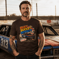 Model wearing Camberline Chocolate Brown t-shirt showing Rust Bucket Royalty Banger Racing British oval racing front graphic