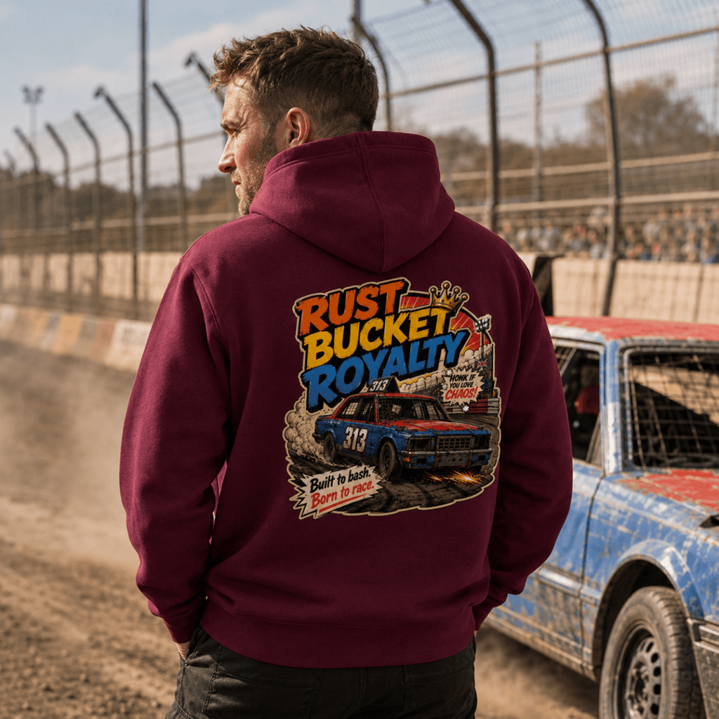 Model wearing Camberline Maroon hoodie showing Rust Bucket Royalty Vintage Banger British oval racing back graphic