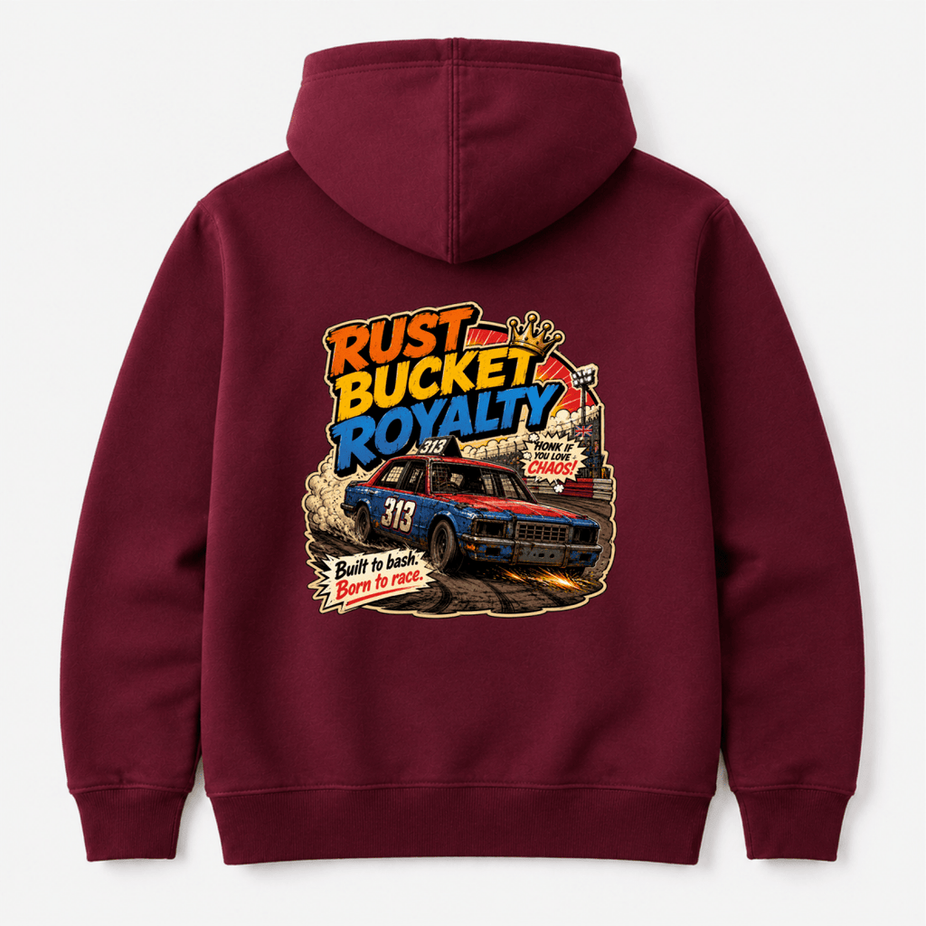 Camberline Rust Bucket Royalty Vintage Banger Maroon hoodie, back graphic for British oval racing fans