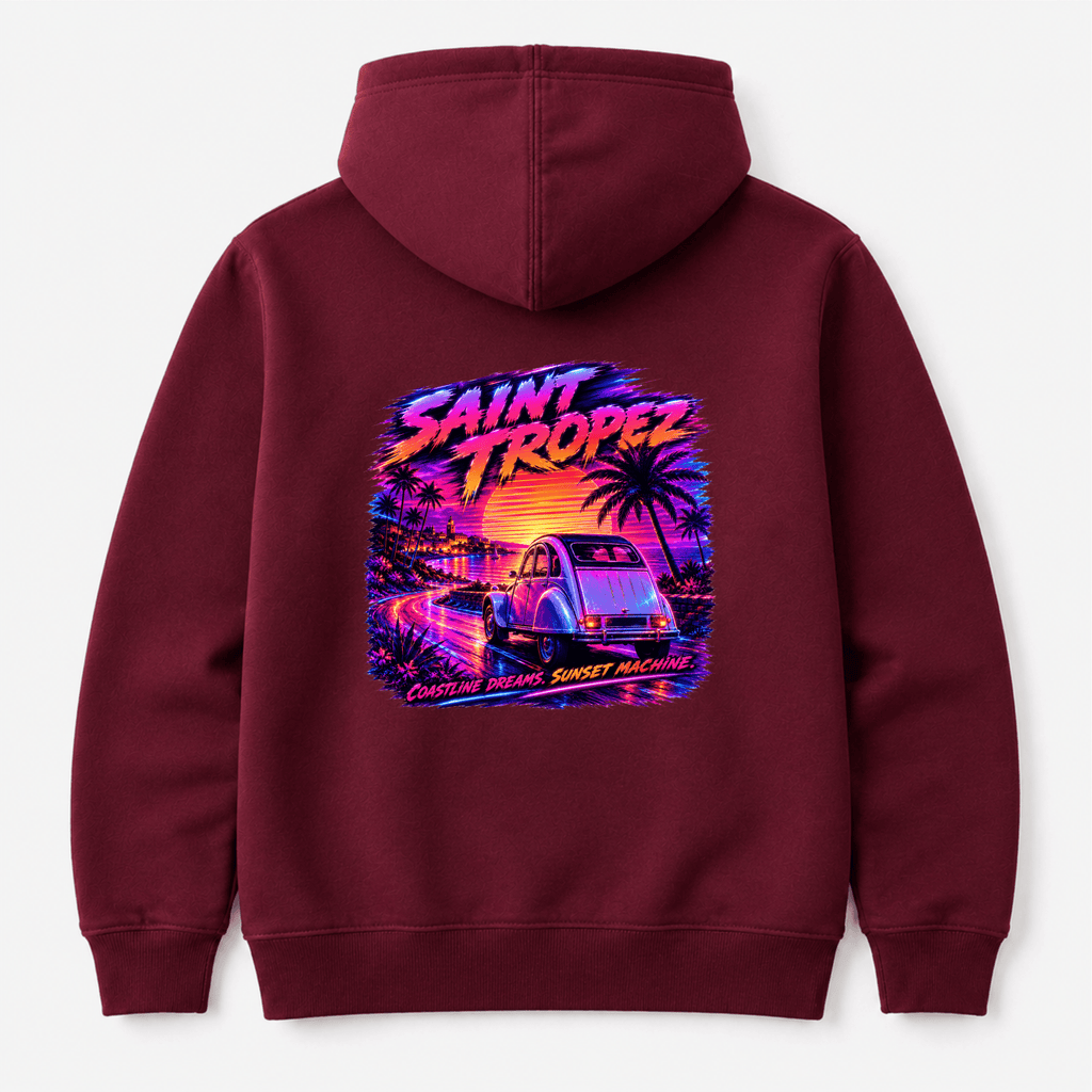 Camberline Cars Saint Tropez Coastline Dreams Sunset Machine Retro Hoodie in Burgundy showing back graphic