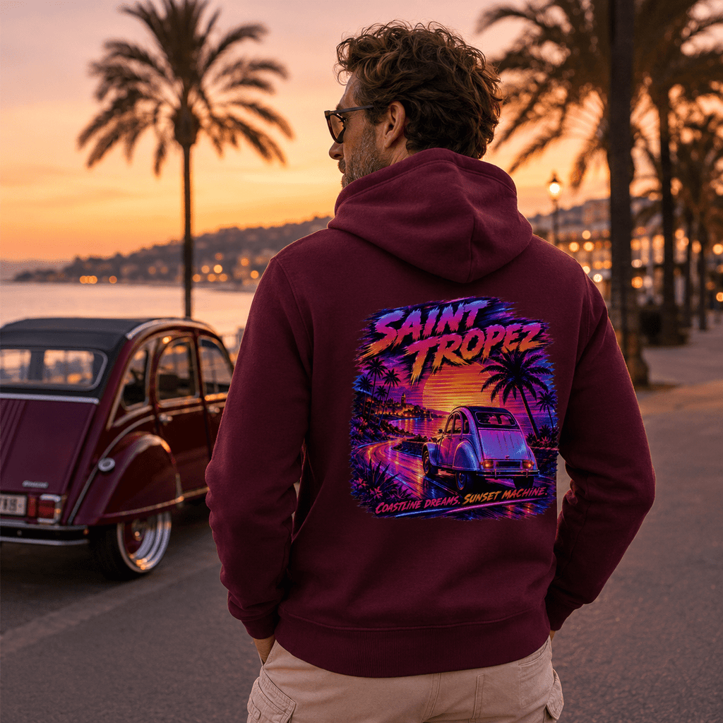 Model wearing Camberline Cars Saint Tropez Coastline Dreams Sunset Machine Retro Hoodie in Burgundy