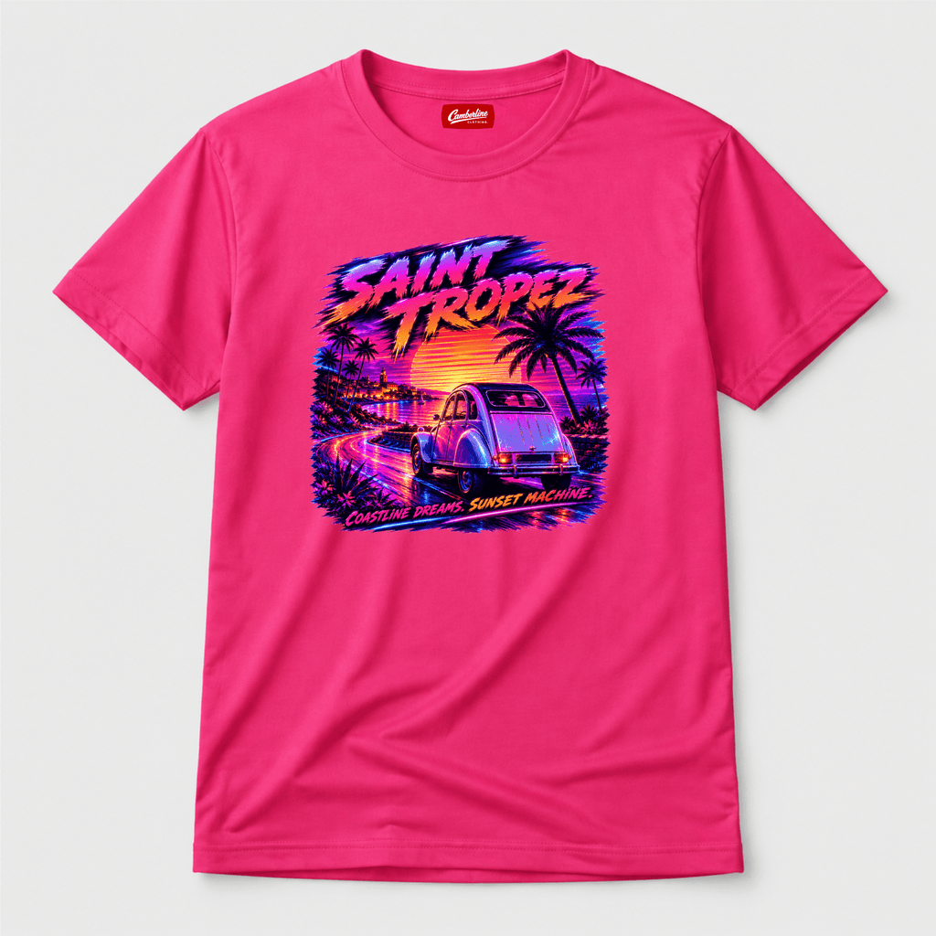 Camberline Cars Saint Tropez Coastline Dreams Sunset Machine Retro T-Shirt in Hot Pink showing front graphic