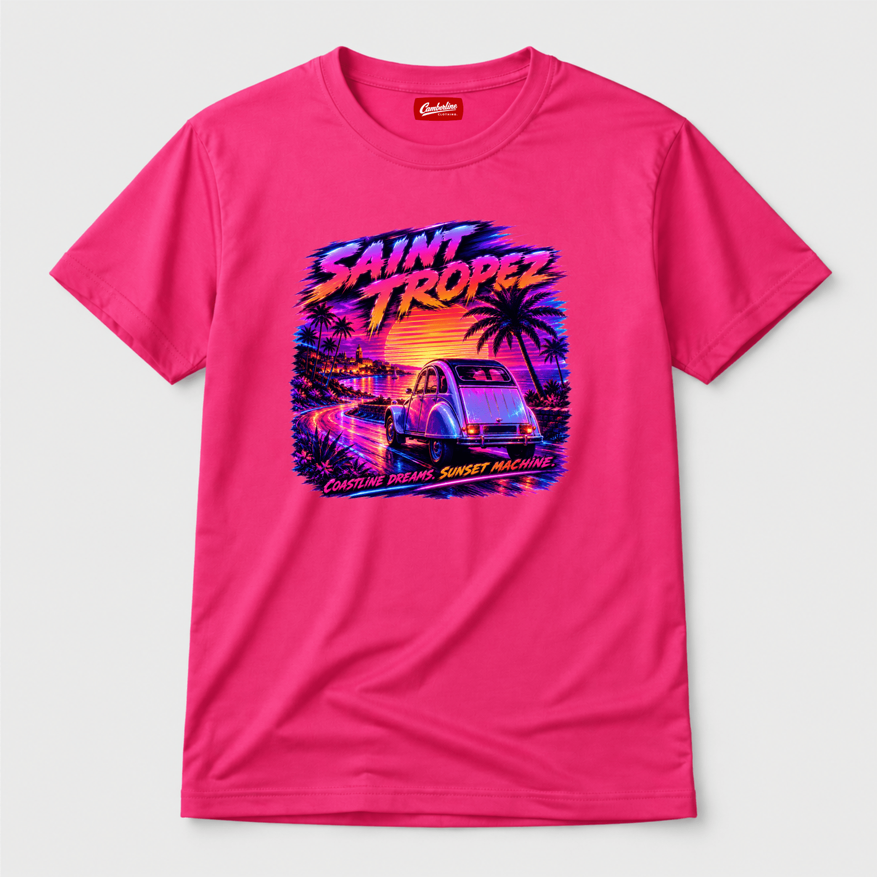 Camberline Cars Saint Tropez Coastline Dreams Sunset Machine Retro T-Shirt in Hot Pink showing front graphic