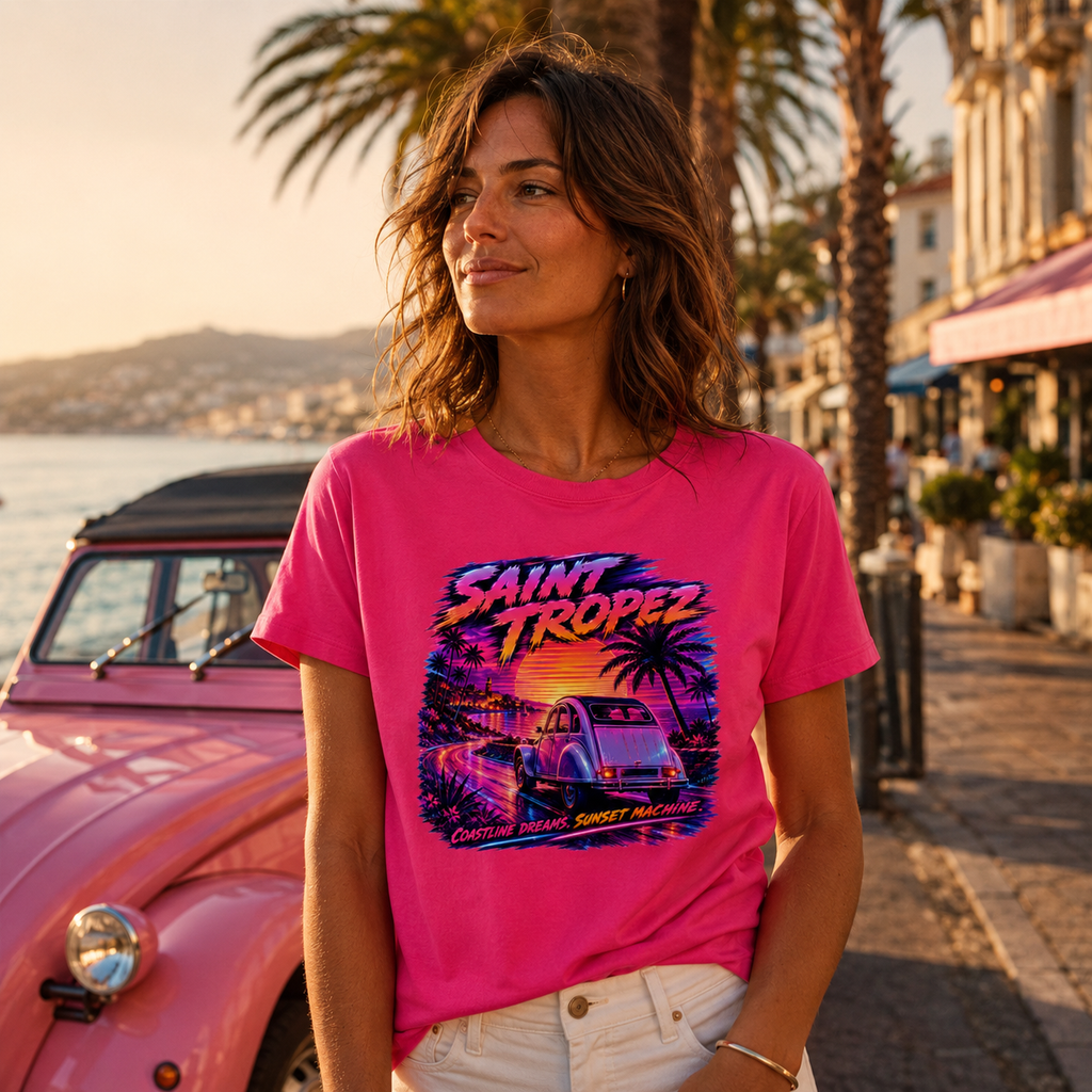 Model wearing Camberline Cars Saint Tropez Coastline Dreams Sunset Machine Retro T-Shirt in Hot Pink