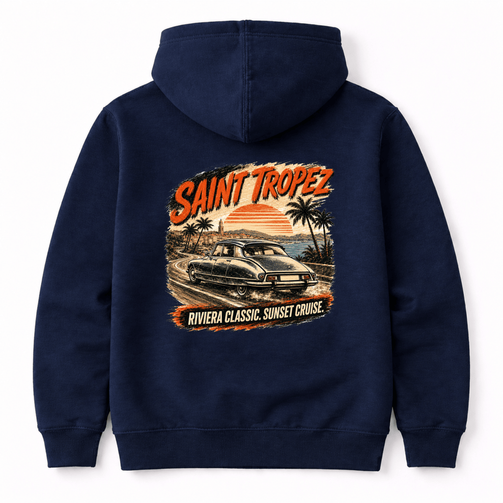 Camberline Cars Saint Tropez Riviera Classic Sunset Cruise French Hoodie in Navy showing back graphic
