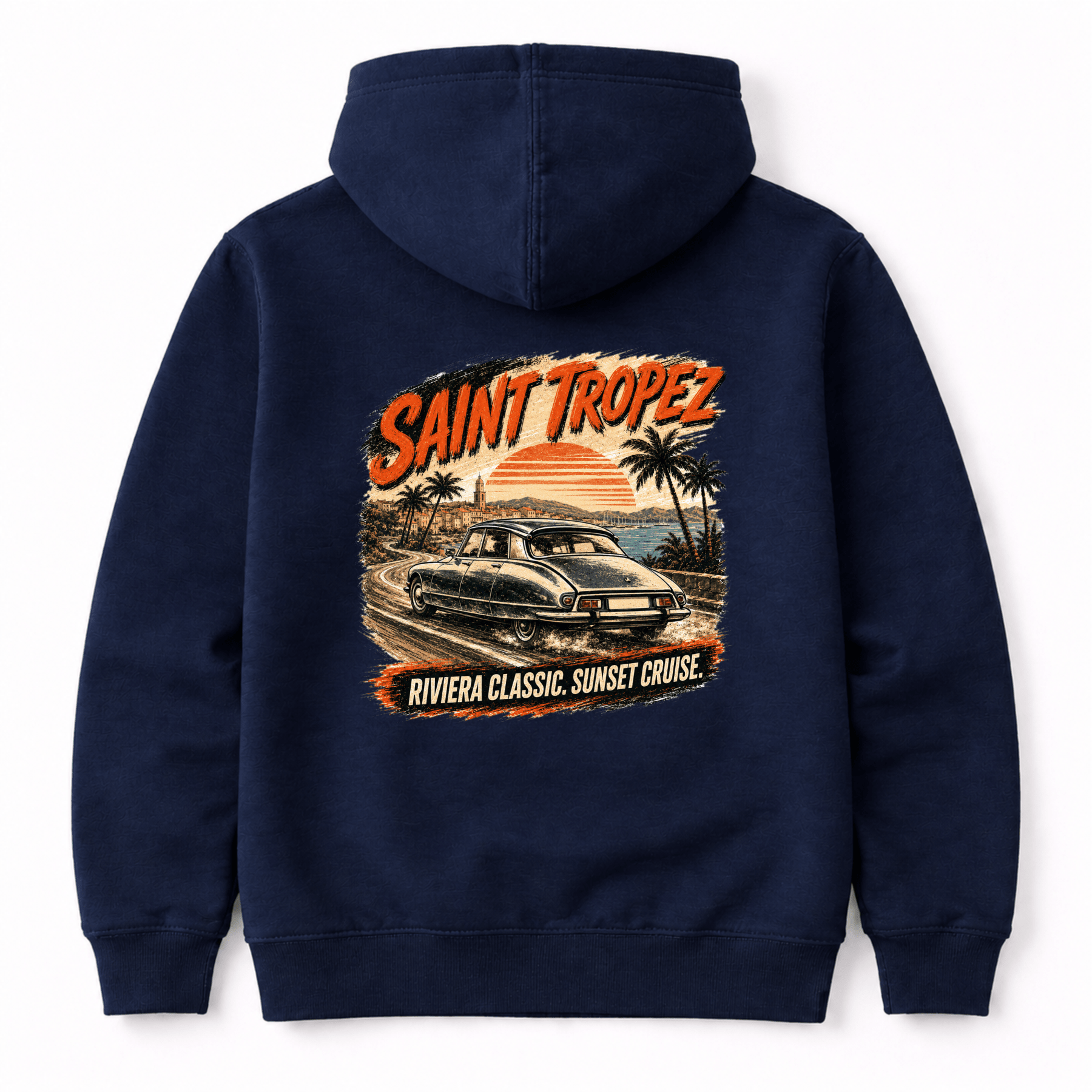 Camberline Cars Saint Tropez Riviera Classic Sunset Cruise French Hoodie in Navy showing back graphic