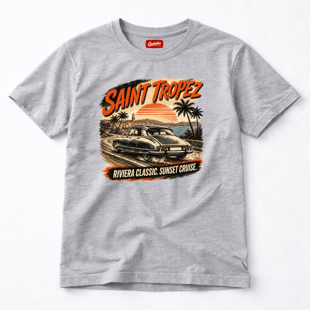 Camberline Cars Saint Tropez Riviera Classic Sunset Cruise French T-Shirt in Sport Grey showing front graphic