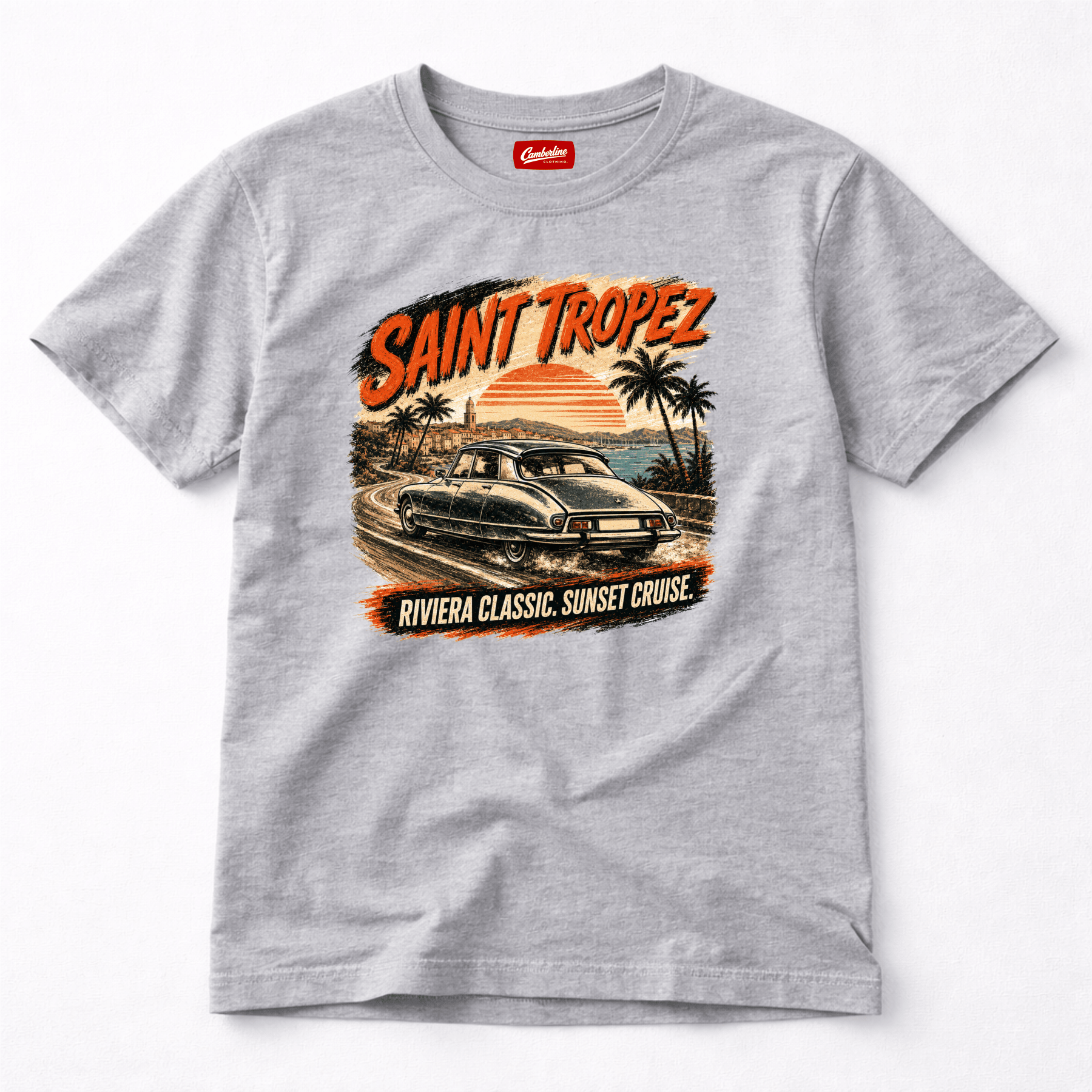 Camberline Cars Saint Tropez Riviera Classic Sunset Cruise French T-Shirt in Sport Grey showing front graphic