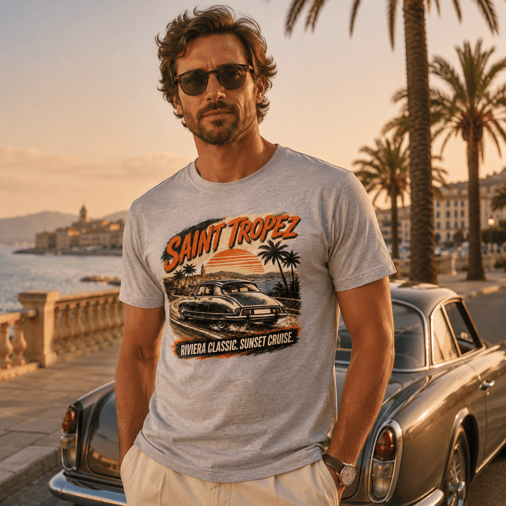 Model wearing Camberline Cars Saint Tropez Riviera Classic Sunset Cruise French T-Shirt in Sport Grey