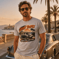 Model wearing Camberline Cars Saint Tropez Riviera Classic Sunset Cruise French T-Shirt in Sport Grey