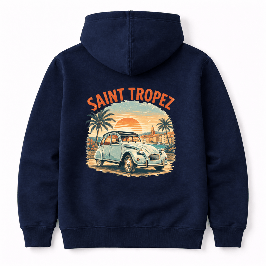 Camberline Cars Saint Tropez Vintage French Coastal Sunset Hoodie in Navy showing back graphic