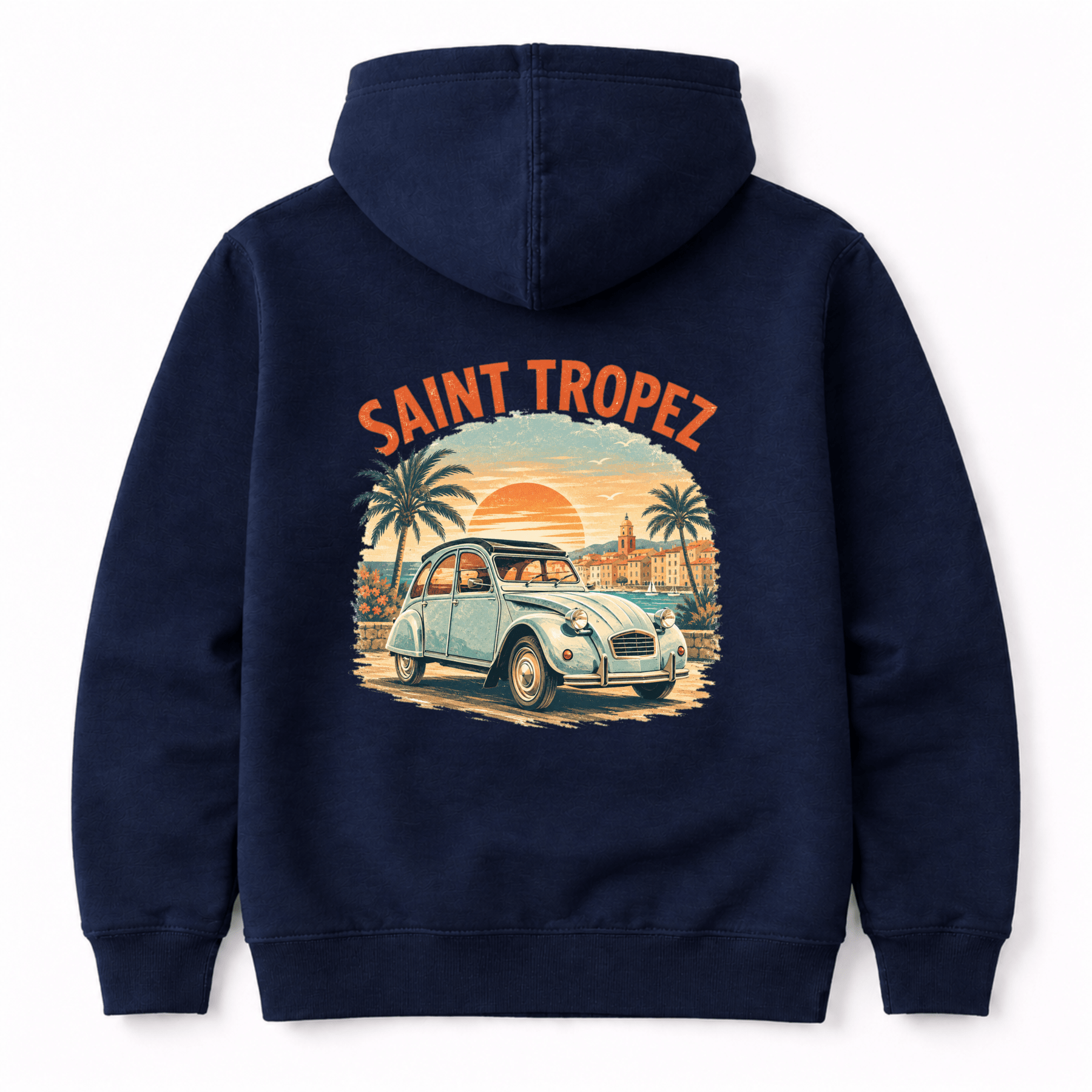 Camberline Cars Saint Tropez Vintage French Coastal Sunset Hoodie in Navy showing back graphic
