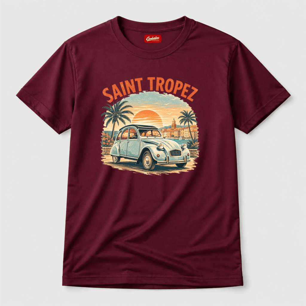 Camberline Cars Saint Tropez Vintage French Coastal Sunset T-Shirt in Burgundy showing front graphic