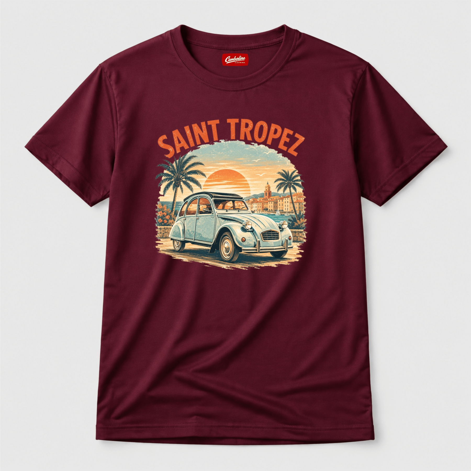 Camberline Cars Saint Tropez Vintage French Coastal Sunset T-Shirt in Burgundy showing front graphic