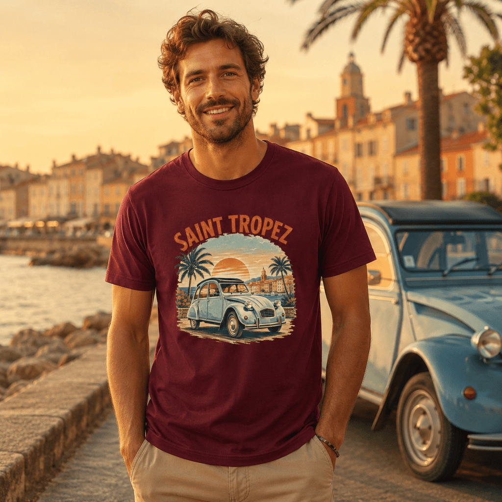 Model wearing Camberline Cars Saint Tropez Vintage French Coastal Sunset T-Shirt in Burgundy
