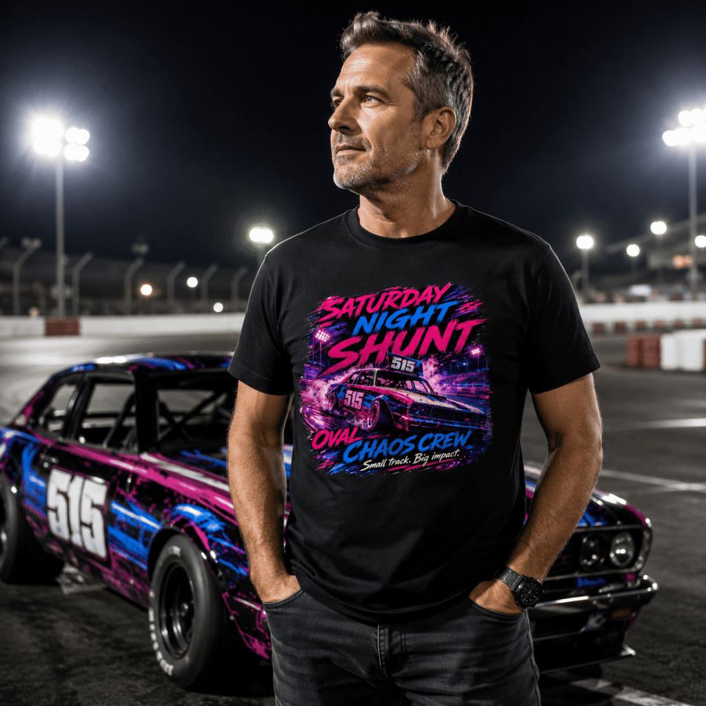 Model wearing Camberline Black t-shirt showing Saturday Night Shunt Oval Chaos British oval racing front graphic