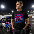 Model wearing Camberline Black t-shirt showing Saturday Night Shunt Oval Chaos British oval racing front graphic