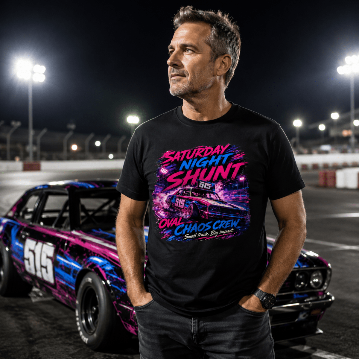 Model wearing Camberline Black t-shirt showing Saturday Night Shunt Oval Chaos British oval racing front graphic