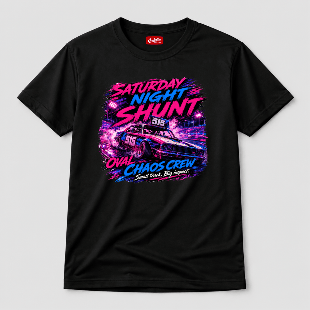 Camberline Saturday Night Shunt Oval Chaos Black t-shirt, front graphic for British oval racing fans