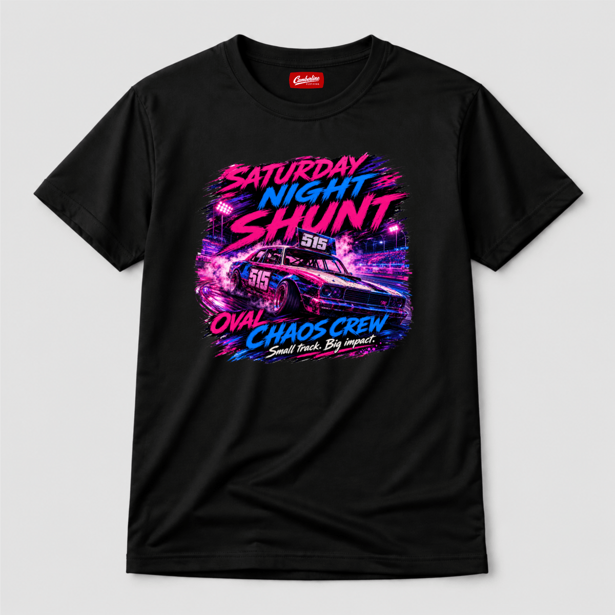 Camberline Saturday Night Shunt Oval Chaos Black t-shirt, front graphic for British oval racing fans